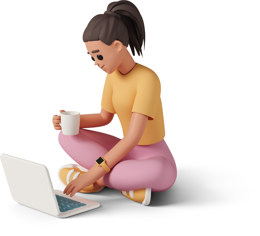 Girl working on pc with coffee in hand